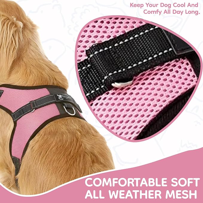 No Pull Reflective Adjustable Dog Harness With Handle- Comfortable Soft All Weather Mesh, Easy On Puppy Harness For Small Medium and Large Dogs (Pink) Large - Image 3
