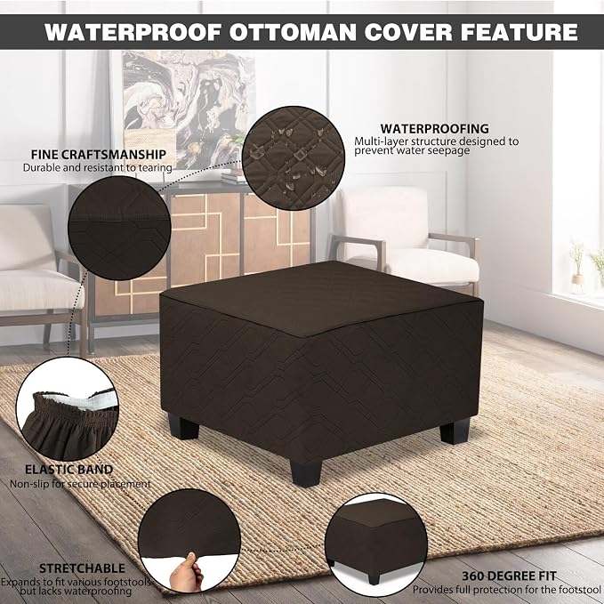 Ottoman Cover Square,Waterproof Square Ottoman Covers Thick Slipcover for Living Room,Washable Storage Footstool Furniture Protector for Dogs,Pets,Chocolate,X-Large - Image 2