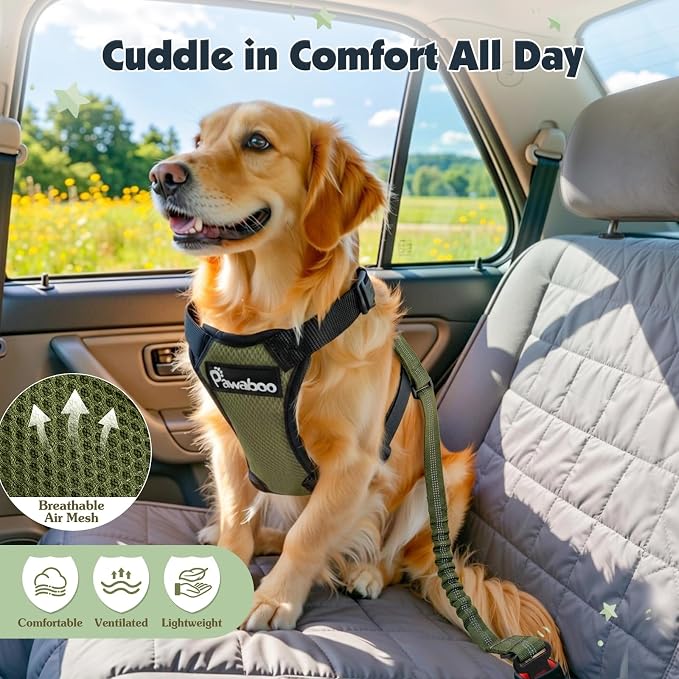 Pawaboo Dog Seat Belt Harness for Car, Seatbelt Harness with 2 in 1 Buckle | Adjustable Breathable Harness for Car, Elastic Reflective Heavy Duty Dog Tether, for Small Medium Large Pets, M, Green - Image 6
