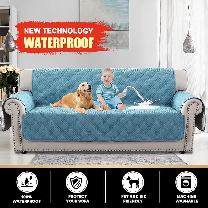 PrinceDeco 100% Waterproof Couch Cover for 3 Cushion Couch Sofa Pet Friendly Non-Slip Couch Cover for Dogs Washable Water Resistant Furniture Protector with Elastic Straps(Sofa 68", Smoke Blue) - Image 2