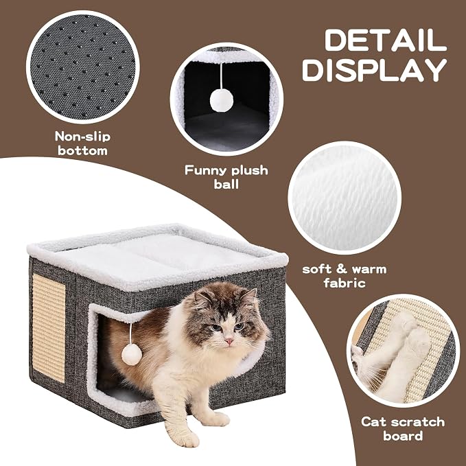 Large Cat Houses for Indoor Cats with Fluffy Ball and Scratch Pad | Foldable Cat Bed Cave for Multiple Pets, Kitten Bed for All Seasons, Non-slip, Hold Up to 30LBS, 16x16x13inch, Grey - Image 7