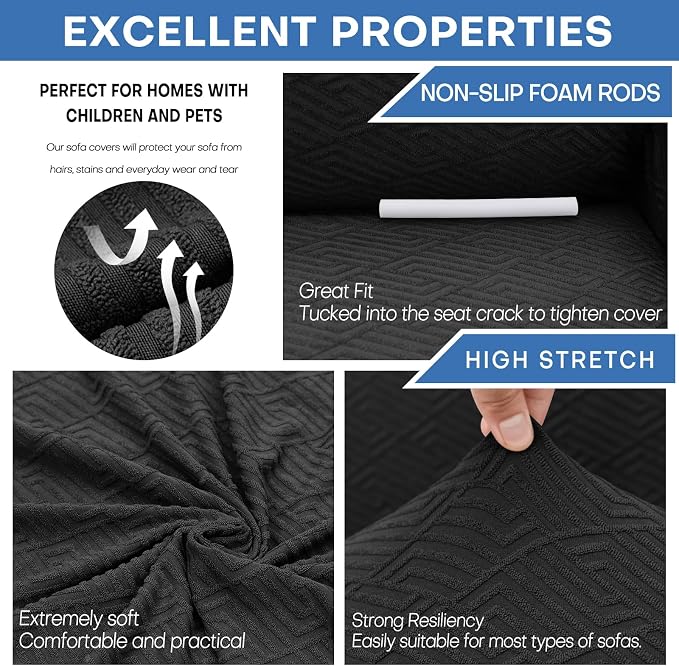 XINEAGE Stretch Jacquard XL Sofa Cover, Non Slip Sofa Slipcover for Dog | High-Stretch Fabric. Wear-Resistant, Pet Friendly. Easy Install & Washable for Living Rooms, Offices.Classic Black - Image 5