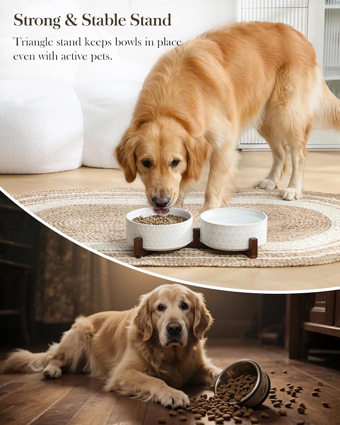 MALACASA Dog Bowl Set, Ceramic Bowls with Walnut Wood Stand, 6 Cups | Five-Leaf Grass and Honeycomb Design, Non-Slip Base, for Dogs, About 26% Heavier than Similar Ceramic Bowls - Image 6