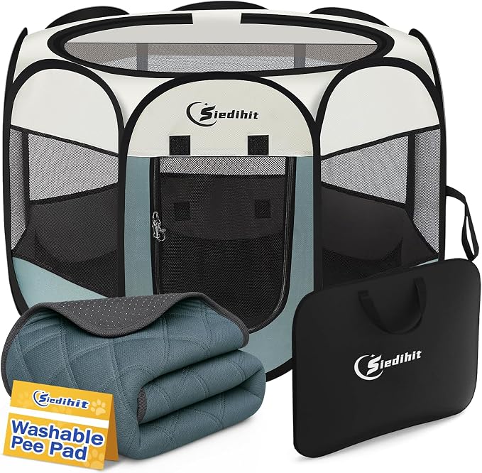 Siedihit Dog Pet Playpen Tent Crate Cage with Washable Pee Pad, Medium Grey | Nursing Rest Zone Recovering Pet Quarantine Room Portable Pop Up Easy to Set up lightweight Carrying Bag Wide applicability by Siedihit