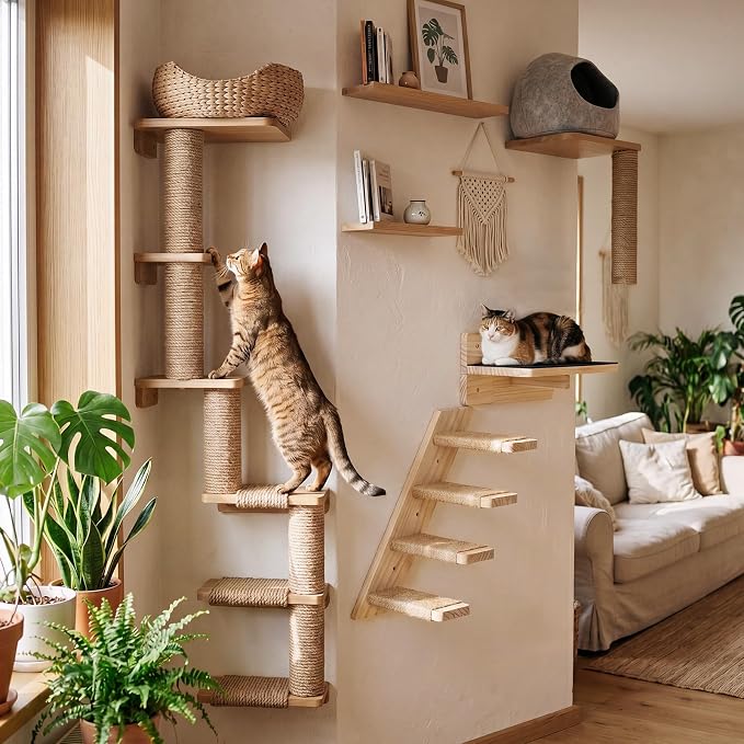 Nuanchu 2 Pack Cat Wall Shelves Stairs Steps Ladder with Hemp Rope | Cat Wall Mount Furniture, Kitten Wood Perch,Climbing System, 4 Step, Corner Shelf, Scratching, Fit Small to Medium Sized Pet - Image 5