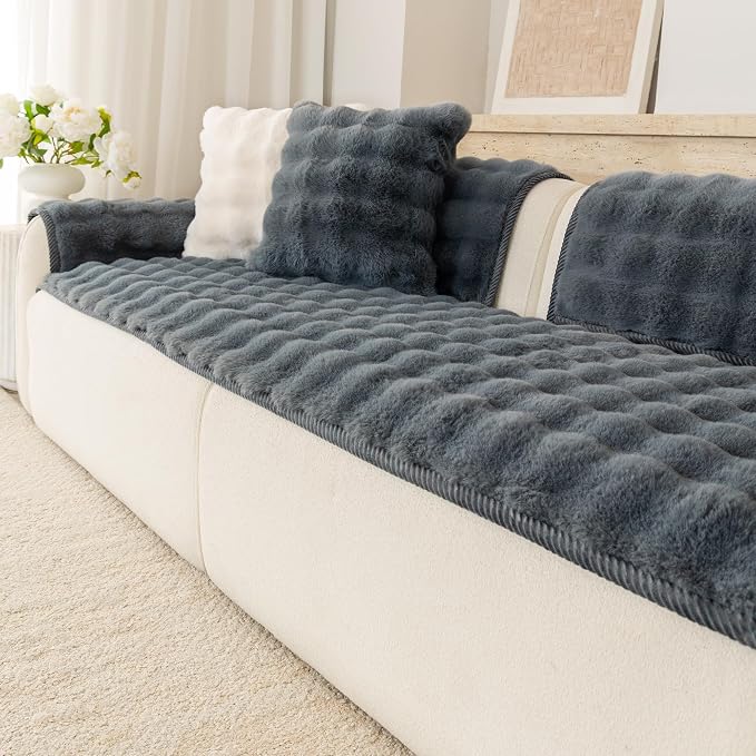 Faux Fur Couch Cover for Dogs, L Shaped Sofa Cover for Pets. | 27"x70",Dark Grey,L Shaped,Washable,Non-Slip,Furniture Protector,No Linting,Pet Friendly,Living Room. by Buzyset