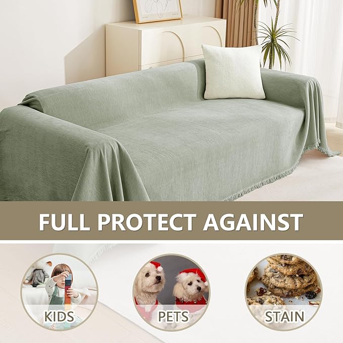 MYSKY HOME Sectional Couch Cover Blanket Living Room Furniture Protector for Pets, Farmhouse Home Decor Sofa Covers Tassel Chenielle Sofa Slipcover Soft Throw Couch for Dogs,71" X 118", Sage Green - Image 4