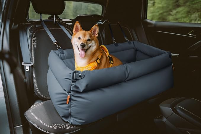 FUNNY FUZZY Leather Dog Car Seat for Large Size Dogs, Pet Booster Car Seats | Waterproof Car Seat with Safety Clip-On Leash, Soft Fabric Car Dog Bed Filling Memory Cotton, Washable Travel Pet Bed(Blue) - Image 9