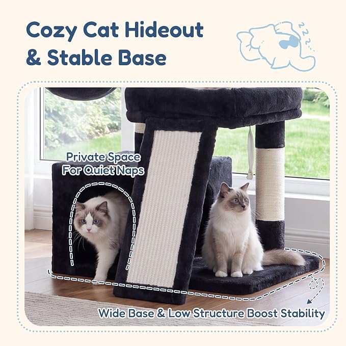 Heybly Cat Tree, Multi-Season Stable Cat Activity Tower, HCT207SG | Wooden Top Platform Cat Tower, Soft Plush Perch, Sisal Scratching Board, Cat Basket & Cozy Kitten Cat Condo, Smoky Gray - Image 2