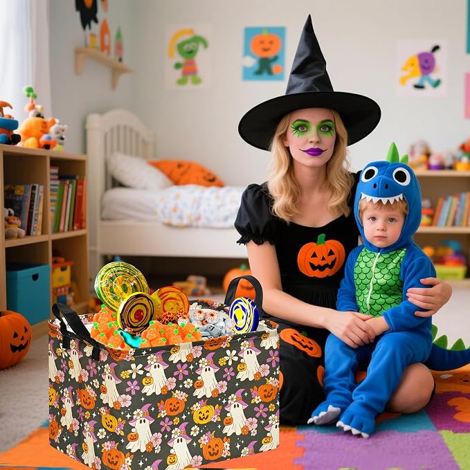 Halloween Pumpkin Ghost Storage Basket, Foldable Toy Organizer Bin | Halloween Pumpkin & Ghost Design with Cotton Linen Fabric, Waterproof Lining, Leather Handles and Foldable Storage Style - Image 3