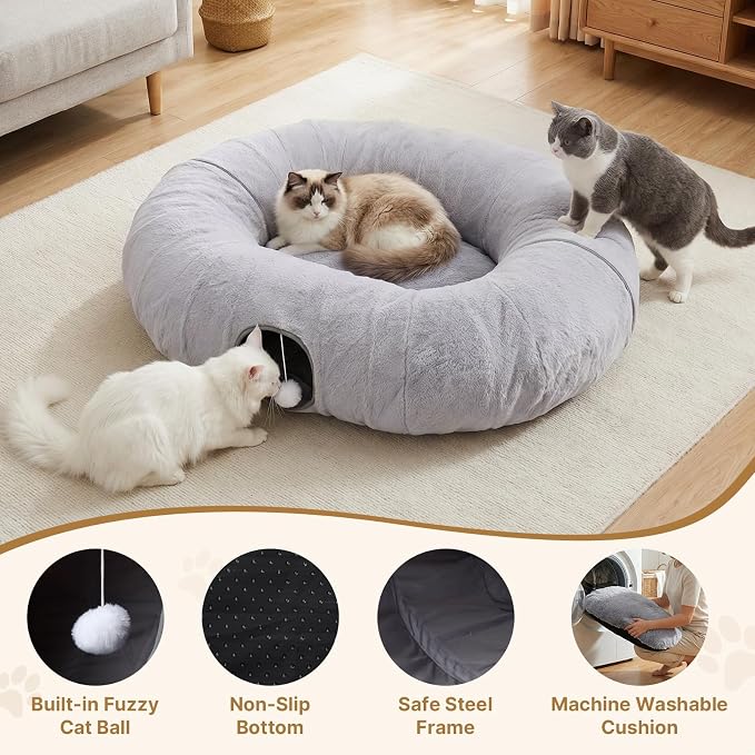 Extra Large Cat Tunnel, 47.2in Multi-Cat Family Big Cat Tunnel for Cats | Long Cat Tunnel Bed with Washable Plush Mat, XXL Pet Play Tunnel Toy for Cats, Puppy, Rabbits Grey - Image 6