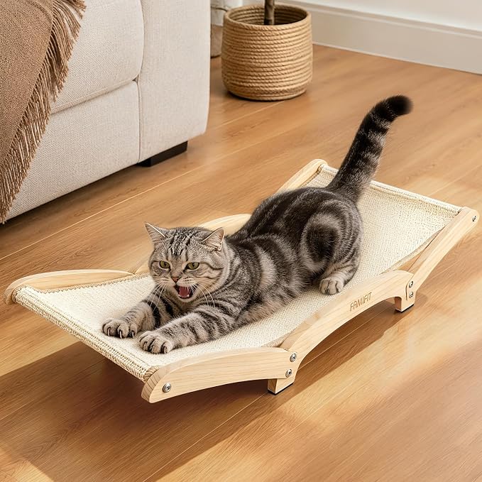 34" Extra Large Cat Scratcher Bed, Natural Sisal Lounge Cat Furniture | Scratch & Rest Design with Wooden Frame, Natural Sisal Scratching Surface, Cozy Lounge Chair for Indoor Cats by Famifit