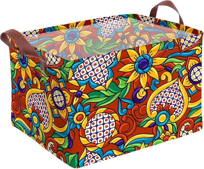 Mexican Talavera Storage Basket Waterproof Canvas Toy Storage Bin Mexican Decor Collapsible Outdoor Basket with Leather Handles Talavera Decor Blanket Baskets For Closets,Bedrooms,Gifts Baskets by AmazerPad
