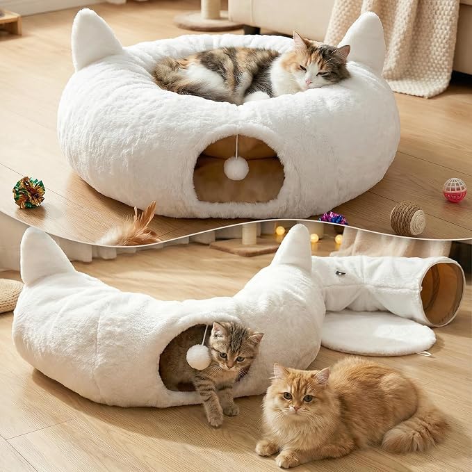OurWarm Cat Tunnel Bed for Indoor Cats, Soft Plush Round Peekaboo Cat Bed Cave with Washable Cushion, Under Cristmas Tree Cat Donut Tunnel Toys for Kitten Rabbit Puppy (White) - Image 5