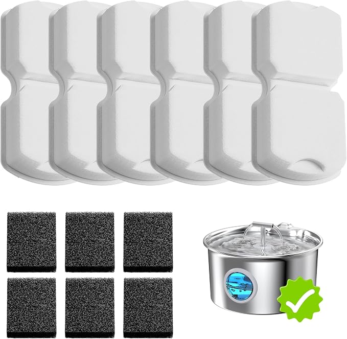 Cat Water Fountain Filter Replacement: 6 PCS Carbon & Sponges | Compatible with UMOCUOY/GIOTOHUN/HOOISE/ATMZIQXR/IHOUONE 74oz/88oz/108oz Stainless Steel Cat Fountains by UMOCUOY