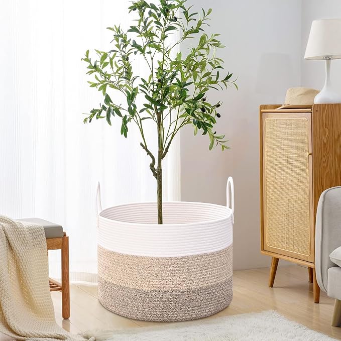 67L Large Woven Blanket Basket, Cotton Rope Baby Laundry Hamper with Handles, Kids Toy Basket for Classroom & Nursery, Soft Round Stuffed Animal Storage, Dog Toy Bin - 20"x13", Jute - Image 8