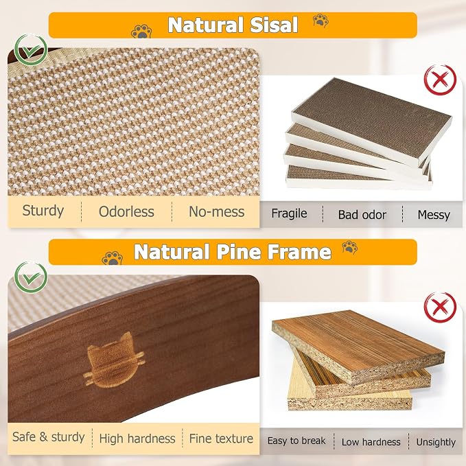 3 in 1 Sisal Cat Scratcher Bed, Solid Pine Cat Scratcher with Balls, Walnut | Extra Large Cat Scratching Post with Hammock, Cat Scratcher for Scratch & Play & Rest, Cat Furniture for Indoor Cats, Kitten - Image 6