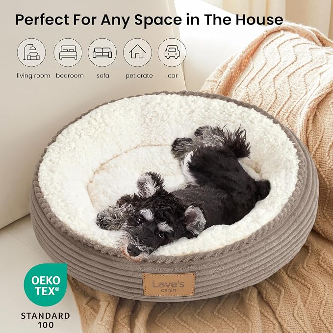 Love's cabin Round Donut Cat and Dog Cushion Bed, 24in Pet Bed for Small or Medium Dogs, Anti-Slip & Water-Resistant Bottom, Soft Durable Fabric Pet Beds, Washable Calming Cat Bed Khaki - Image 6