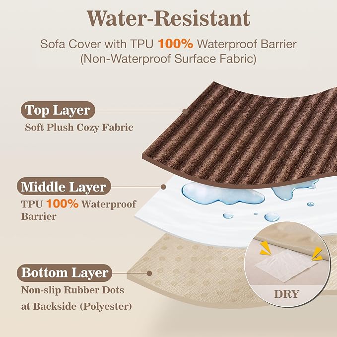 MYSKY HOME 100% Waterproof Couch Cover, Couch Covers for Dogs Washable, Non Slip Couch Covers for 2 Cushion Sofa Pet Friendly, Sofa Covers Slipcovers Furniture Protector Dog Bed Cover, Brown, 35"x63" - Image 2