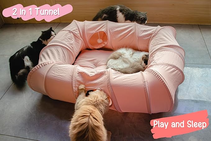 XxingSheep 4 Ways Shuttled XL Cat Tunnel Bed for Indoor Cats Peekaboo Cat Cave Donut with Cool Mat (Pink) - Image 2