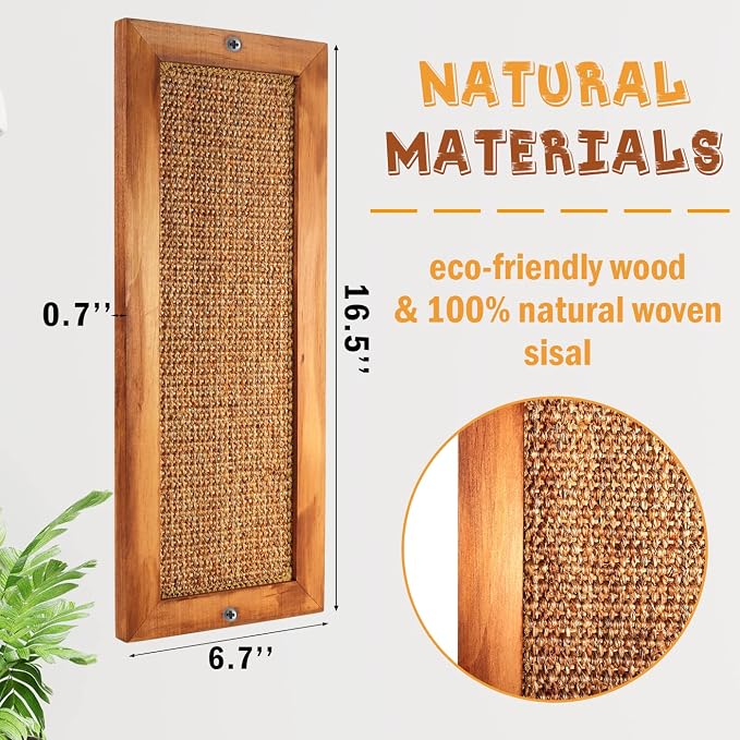 Cat Scratching Post, Wooden Sisal Cats Wall Scratcher, Floor or Wall Mounted Vertical Cat Scratch Pad for Indoor Cats Adults or Kittens, Cat Wall Furniture Protector - Image 3