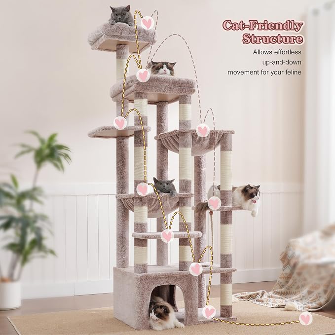 Heybly Cat Tree, 71-Inch Tall Cat Tower for Large Maine Coon Cats HCT037MU | Cat Condo Furniture with Extra-Large Baseboard, Multi-Level Platforms, 2 Hammocks and 12 Scratching Posts, Rosy Brown - Image 2