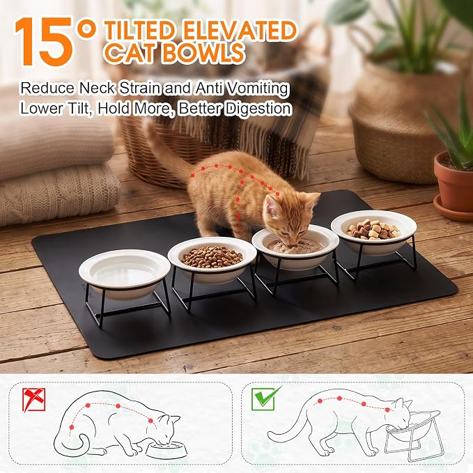 4 Set Elevated Ceramics Cat Food Water Bowls | 15°Tilted Anti Vomiting Raised Dishes,with Food Silicone Mat ,Whiskers Friendly Cat Bowls ,for Multiple Cats and Puppy - Image 3