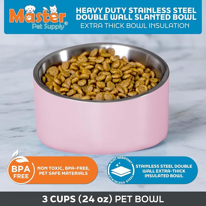 Master Pet Supply Stainless Steel Slanted Dog Cat Food Bowl 24 oz Rose | Heavy Duty Double Wall Insulated Non-Slip Elevated Bowl for French Bulldogs Pugs Cats Anti Rust Dishwasher Safe, Rose Quartz - Image 3