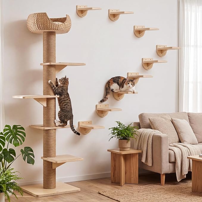 SiliFine Set of 9 Natural Wood Color Cat Wall Stairs, Climbing Steps, Cat Wall Shelves Perch with Fixtures and Felt 8.7"x4.7" Stairs Natural Birch Wooden | Floating Steps for Playing Climbing - Image 6