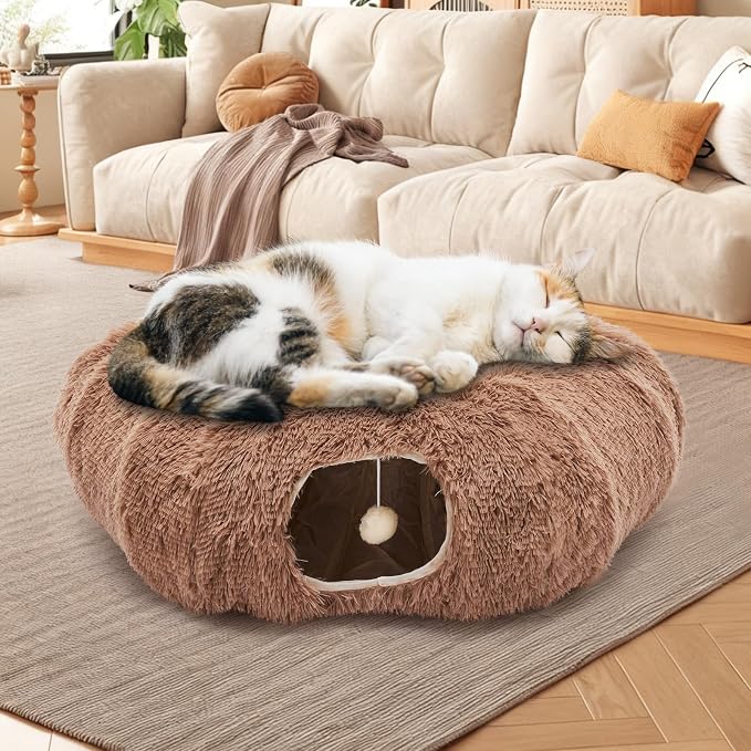 Cat Tunnels for Indoor Cats, Donut Tunnel Toys for Cats - Brown | Washable Circle Cushion, 3-in-1 Foldable Playground & Cozy Cave Bed for Kittens, Puppy, Rabbits, Ferret - Image 6