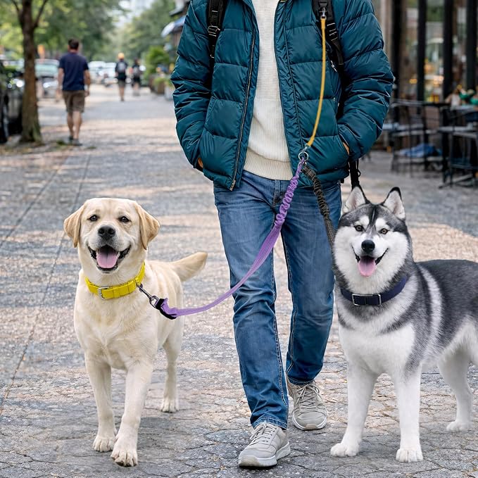 Double Dog Leash for Two Dogs, Professional No Tangle 360° Swivel Coupler with Shock Absorbing Bungee, Adjustable Length Dual-Sided Reflective Two Dogs Lead Splitter for Small Medium Large Dog - Image 6