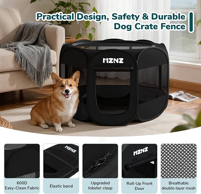 Dog Cat Small Animal Puppy Playpen Crate, Medium, Whole Black | Portable Pop Up Pet Cage Enclosure Tent Kennel Indoor Outdoor with Carrying Case, No Assembly, Camping Use - Image 7