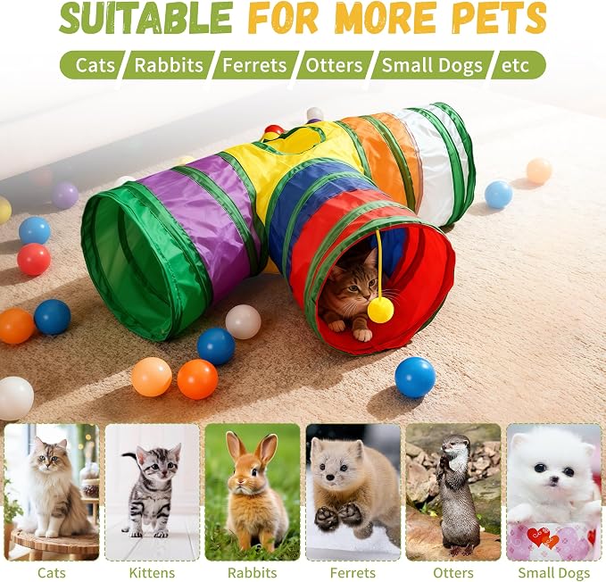 Cat Tunnel,Cat Tunnels for Indoor Cats Interactive, Pet Tunnel Toys for Cats Kitten Rabbits,3 Way Collapsible,Rainbow L 32" T Shape - Image 6
