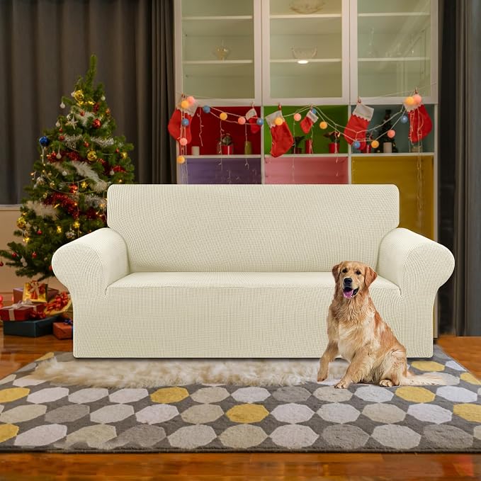 KEKUOU Stretch Loveseat Couch Cover, 2 Cushion Couch Slipcover,Beige | 1-Piece Washable Sofa Cover Pet Friendly (55"-78") Furniture Protector Soft Jacquard, Elastic Bottom for Dogs & Kids - Image 2