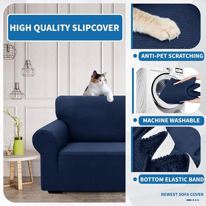 XINEAGE Stretch Jacquard XL Sofa Cover, Non Slip Sofa Slipcover for Dog | High-Stretch Fabric. Wear-Resistant, Pet Friendly. Easy Install & Washable for Living Rooms, Offices.Navy Blue - Image 6