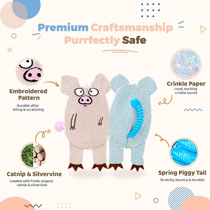 Cat Toys for Indoor Cats, 2 PCS 8000mg A+Natural Catnip Silvervine Crinkle | Interactive Cat Toys Pig with Bell Elastic Tail, Baby-Grade Plush Chew Toy Teeth Cleaning, Catnip Cat Kicker Toy for Kitten - Image 6