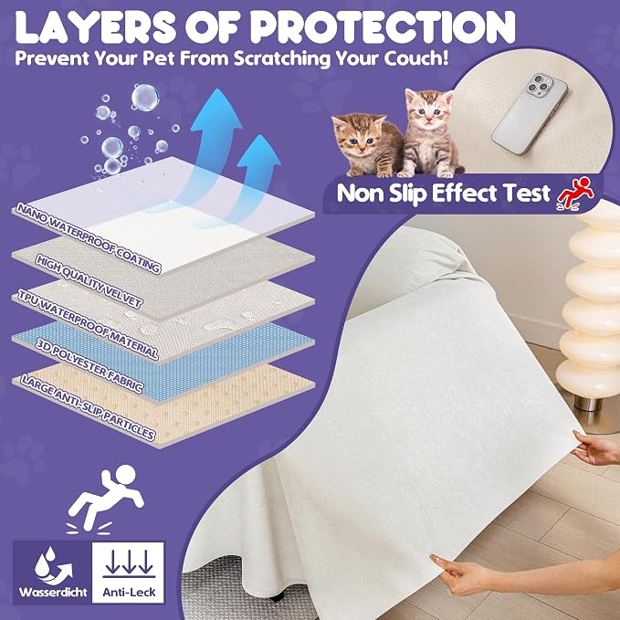 Loiion Cat Scratch Proof Furniture Protector Waterproof Sofa Cover 134"x71" | Pet-Friendly Couch Protector, Anti-Scratch & Anti-Slip Sofa Cover For Cats Dogs Kids, Machine Washable - Image 4
