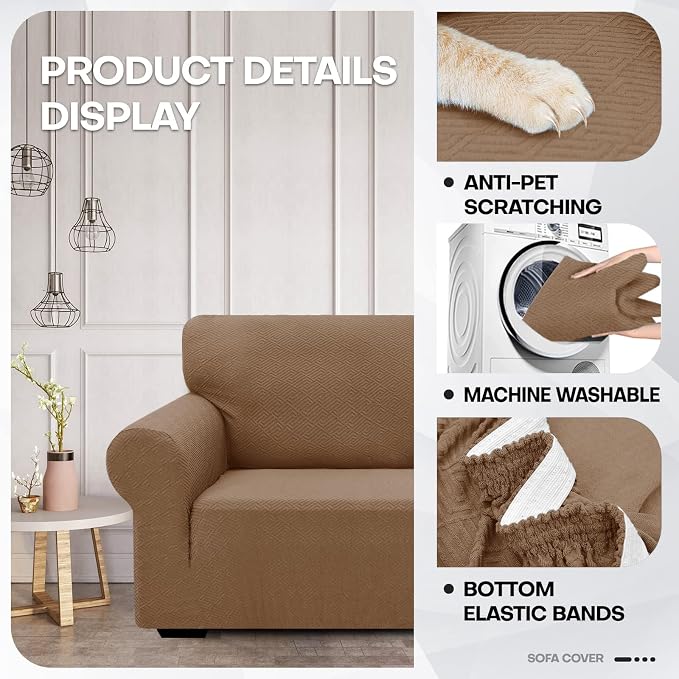 ZNSAYOTX 1 Piece Jacquard Couch Covers for 3 Cushion Couch Living Room High Stretch Sofa Cover Pets Dogs Friendly Anti Slip Thickened Slipcovers Furniture Protector (Large,New Pattern Light Coffee) - Image 3
