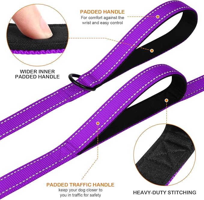 Joytale Dog Leash for Large Dogs that Pull, Double Handle, 4FT, Purple | Traffic Handle for Control, Padded Handle Reduces Hand Strain, Reflective Stitching for Night Safety, Strong Nylon Webbing - Image 2