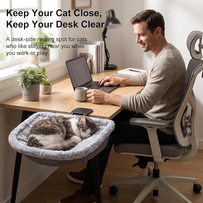 Cat Desk Bed, Clamp-On Desk Hammock, 40 lb, Fits 0.78-2.95 in | Gray faux rabbit fur bed for work or gaming desks not for glass desktops removable machine washable cover - Image 2