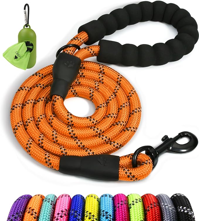 Taglory Rope Dog Leash for Medium Large Dogs, 4 FT Padded Handle, Orange | Climbing Rope for Strong Pullers, Reflective for Night Walks and Training, Comfortable Grip, Anti-tangle Swivel Clip 1/2 inch by Taglory