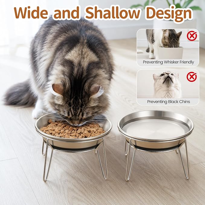 WROSWT Elevated Cat Bowls, 304 Stainless Steel Raised Cat Food Bowl, Wide Shallow Anti-Vomiting Cat Dish for Whisker Fatigue Relief, Non-Slip Silicone Base Dishes for Solo Use, 2 Set - Image 7