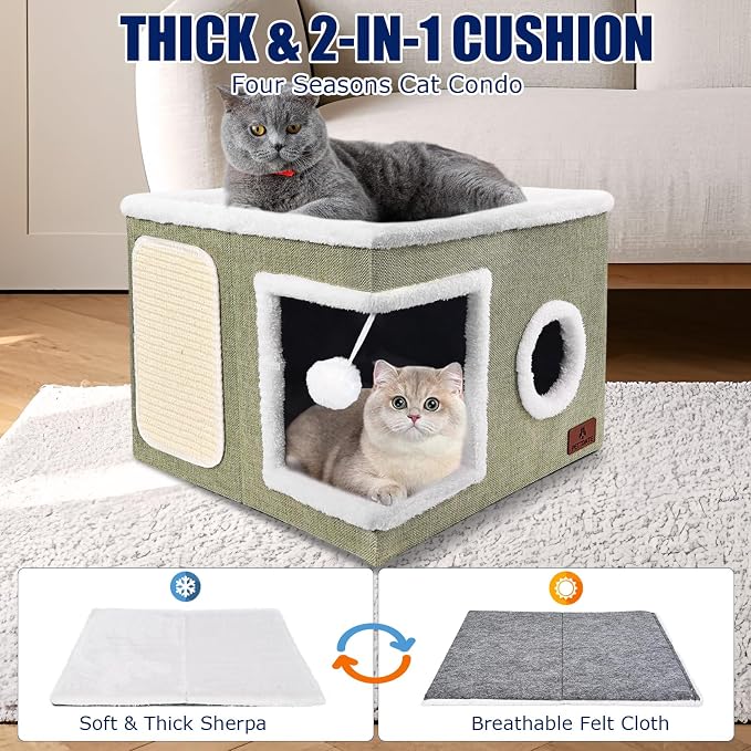 Cat Beds for Indoor Cats, Large Cat Cave Bed with Scratch Pad and Fluffy Ball, Foldable Cat Hideaway, Cat House with Reversible Cushion for Multi Small Pet Up to 30LBS, Green - Image 6