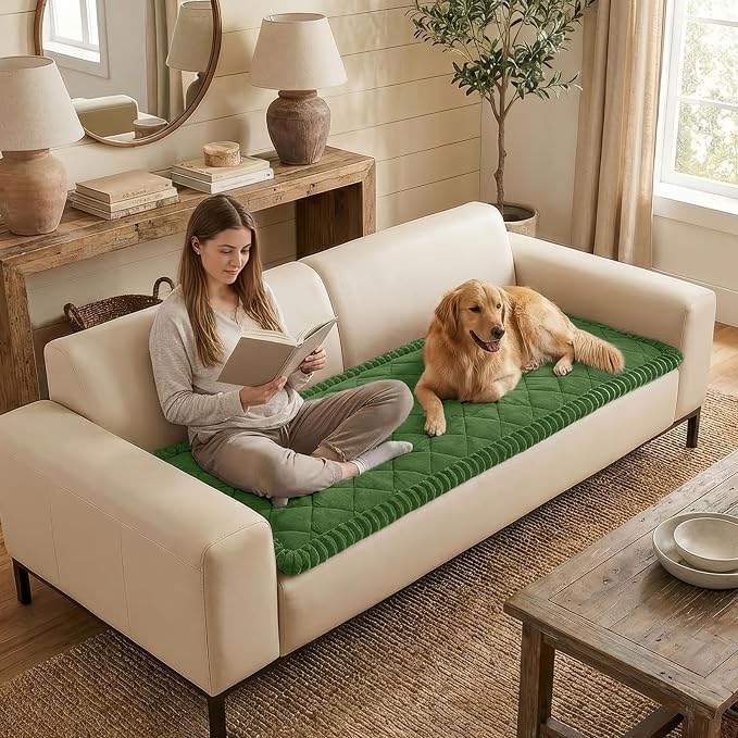 Smiry Non Slip Couch Cover for Dogs, Fuzzy Plush Pet Sofa Protector | Washable Furniture Cover for Large Dogs & Cats, Scratch & Dirt Resistant, For 2 Cushion Couch, Olive Green, 27.6"x47" - Image 3
