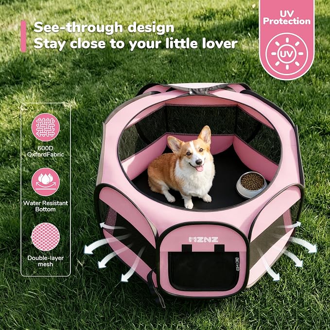 Dog Cat Small Animal Puppy Playpen Crate, Medium, Whole Pink | Portable Pop Up Pet Cage Enclosure Tent Kennel Indoor Outdoor with Carrying Case, No Assembly, Camping Use - Image 6