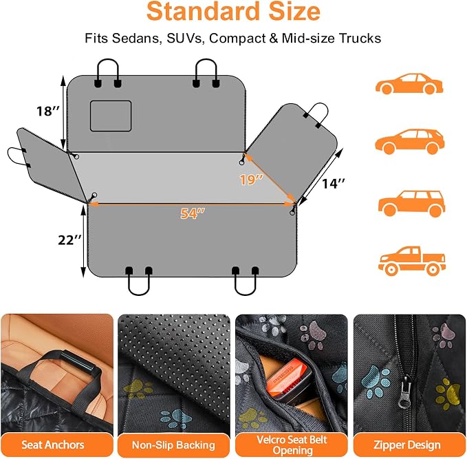 URPOWER Dog Car Seat Cover for Back Seat, Waterproof Hammock for Car & SUV | 600D Oxford, Side Flaps with Zippers, Scratch Resistant, Non-Slip, Easy Install, Machine Washable, Dog Seat Belt Included - Image 6