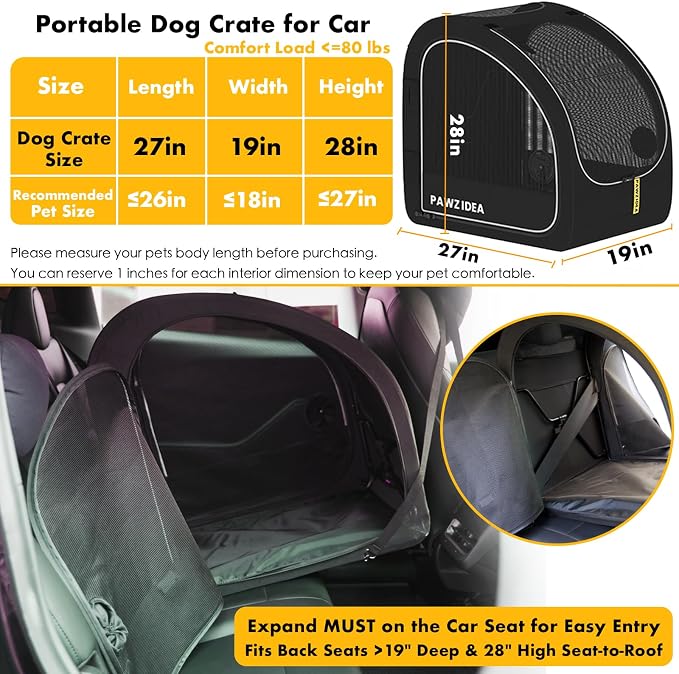 PAWZIDEA Portable Dog Crate for Car Travel, Medium & Large Dogs Up to 80lbs | Enclosed Soft-Sided Dog Car Kennel for Backseat, Secures w/ Seatbelt & Headrest Strap, Collapsible Car Carrier, Chew-Proof - Image 2