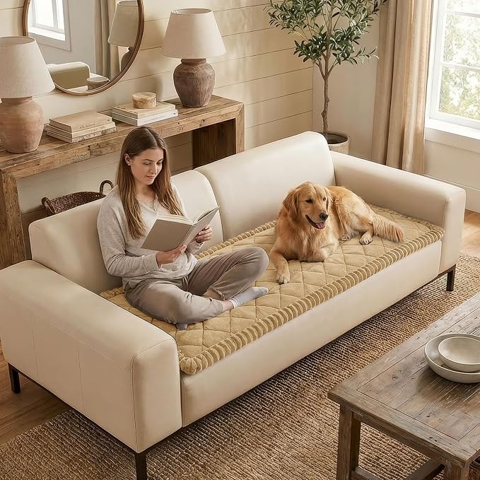 Smiry Non Slip Couch Cover for Dogs, Fuzzy Plush Pet Sofa Protector | Washable Furniture Cover for Large Dogs & Cats, Scratch & Dirt Resistant, For 2 Cushion Couch, Camel, 27.6"x47" - Image 3