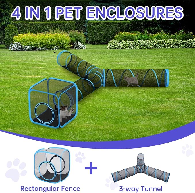 Pawaboo Cat Enclosures, Mesh Cat Tunnel, Light Blue + Black | Playhouse, Free Carry Bag, For Multiple Cats and Small Animals - Image 2
