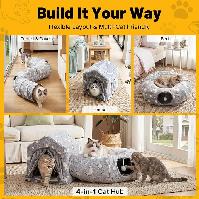 4-In-1 Cat Tunnel with Cube House, Night-Luminous Cat Play Tunnel House with Dual Peek Holes, Large Pocket, Hideout Cat Toys with Tunnel & House, Cat Furniture Tent for Playing, Hiding & Lounging Grey - Image 2